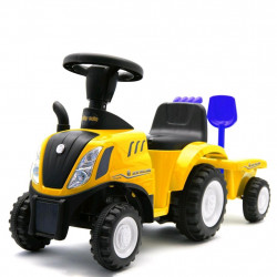 BABY MIX Detské odrážadlo traktor s vlečkou a náradim Baby Mix New Holland žltý