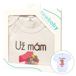 NEW BABY Body s potlačou New Baby Už mám 1 rok ružové - darčekové balenie