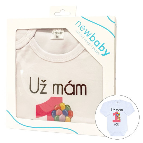 NEW BABY Body s potlačou New Baby Už mám 1 rok ružové - darčekové balenie