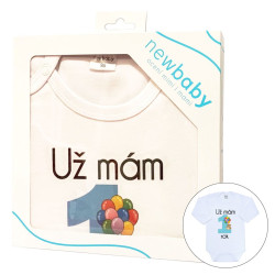 NEW BABY Body s potlačou New Baby Už mám 1 rok modré - darčekové balenie