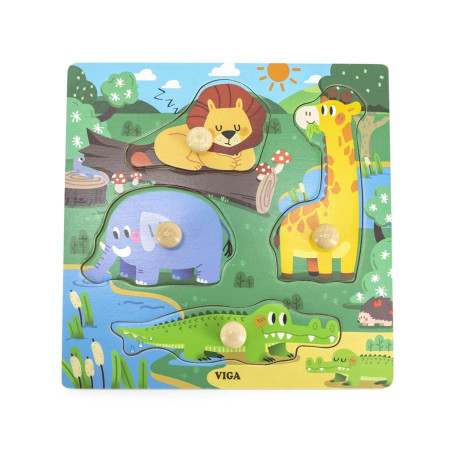 Viga Detské drevené puzzle s úchytmi Viga Divoké zvieratá 4 ks
